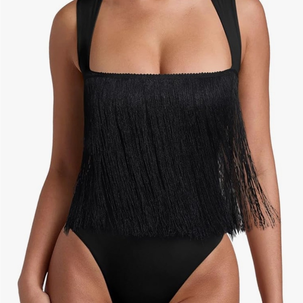ReoRia Black Bodysuit with Fringe Detail